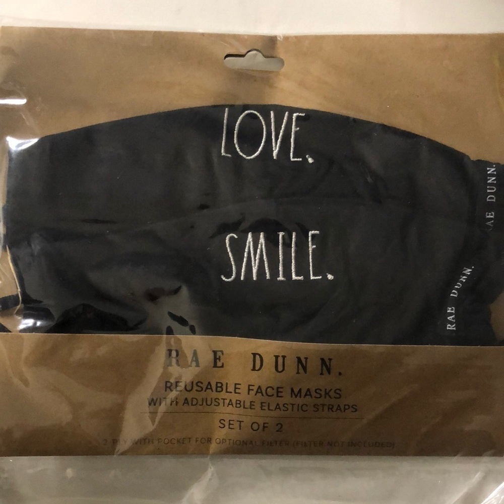 𝅺RAE Dunn LOVE, SMILE reusable face mask with adjustable elastic straps set